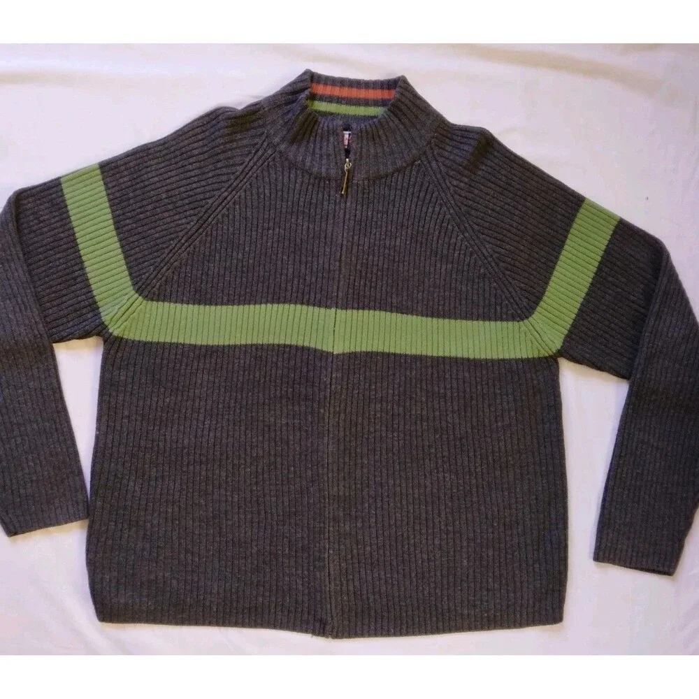 Arizona Jean Company Sweater Full Zip Gray Green Stripe Preppy Y2K Men's XL